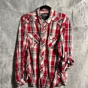 Western button down shirt men’s xxl red‎ plaid with embroidery accents pockets